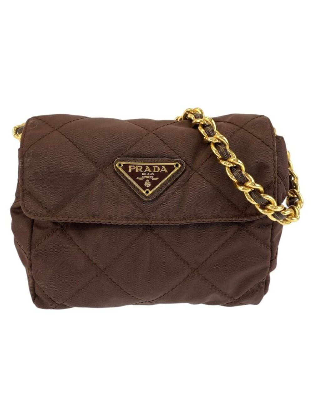 Prada Brown Gold Nylon Chain Shoulder Bag Pochette